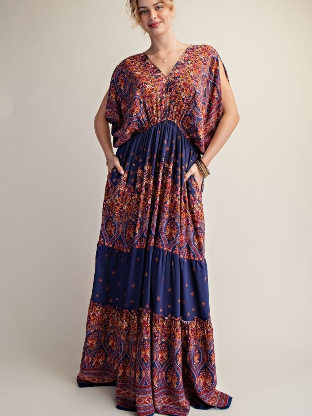 "The Brooke" Navy Boho Floral Batwing Maxi Dress